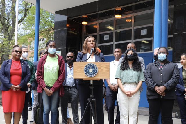 Attorney General Letitia James announces a lawsuit in Brooklyn against three New York City school bus companies for widespread air pollution in communities of color.